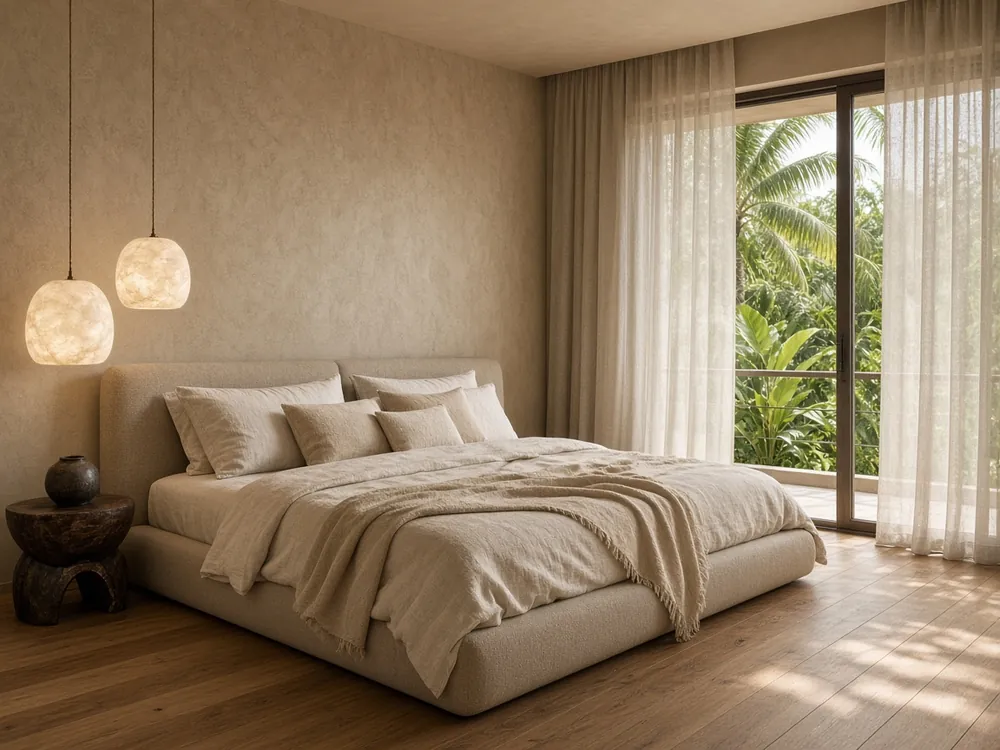 AI design concept: calm master bedroom with linen bedding, lime plaster wall and tropical balcony view