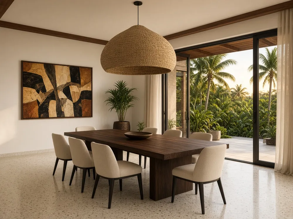 AI design concept: dining room with dark hardwood table, cream chairs, woven pendant and garden terrace