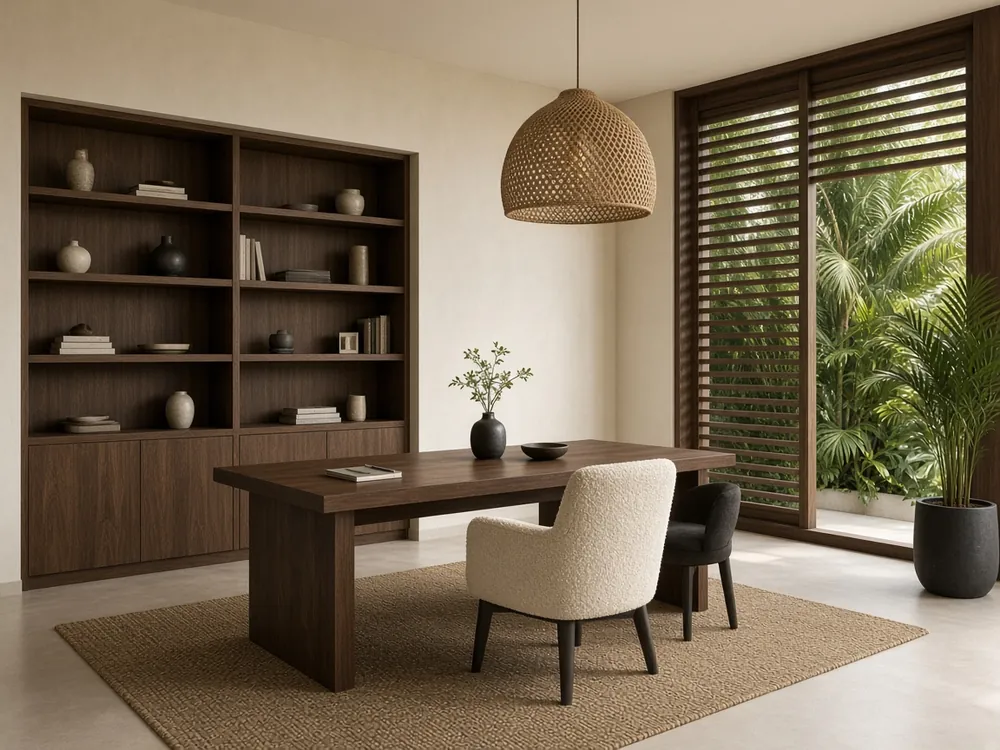 AI design concept: home office with walnut desk, boucle chair, timber shelving and louvred garden window