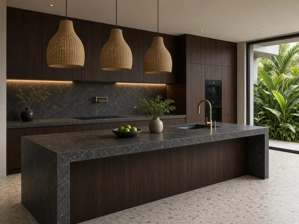 AI design concept: kitchen with charcoal stone island, dark mahogany cabinetry and woven pendants