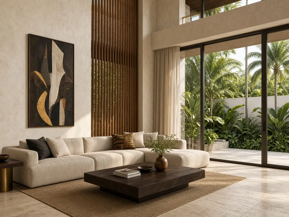 AI design concept: double-height living room in Accra with linen sectional, timber louvers and a tropical garden view