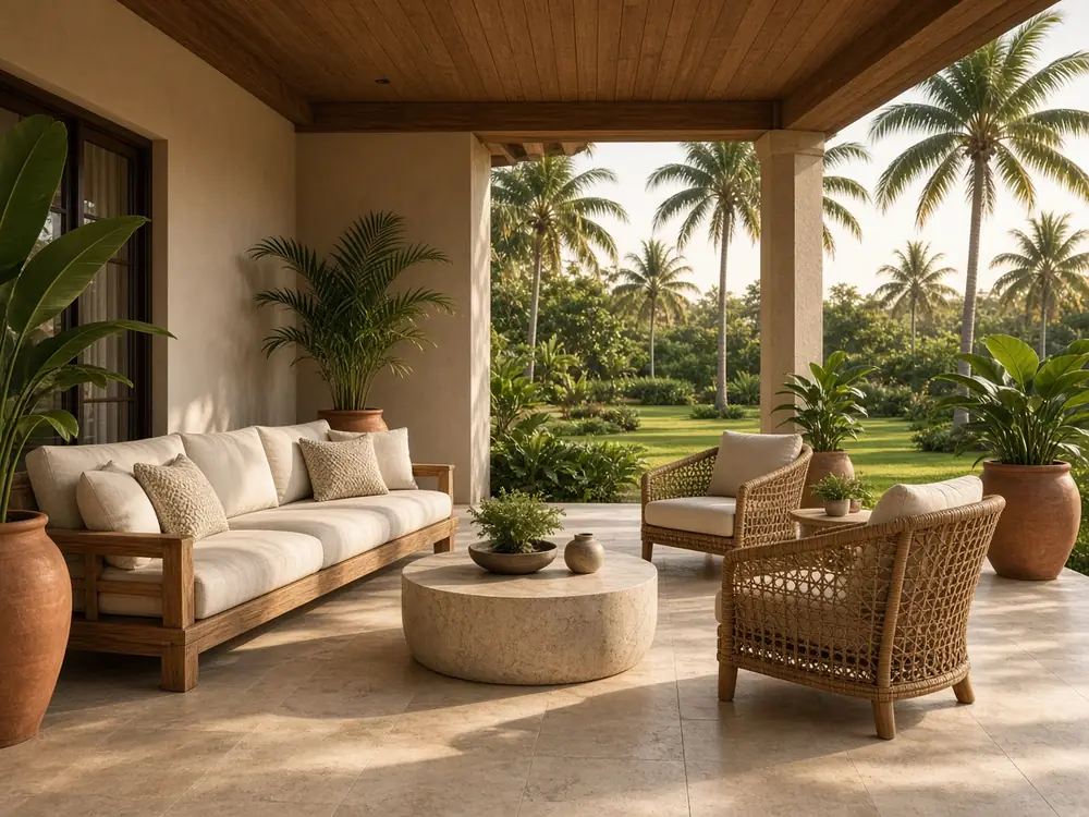 AI design concept: covered veranda lounge with teak sofa, rattan chairs and a palm garden view