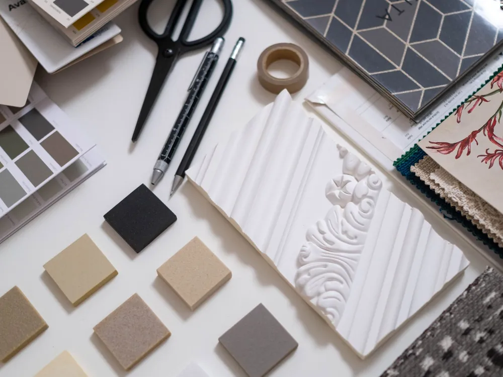 Flat lay of tile, stone and colour samples with scissors and pens
